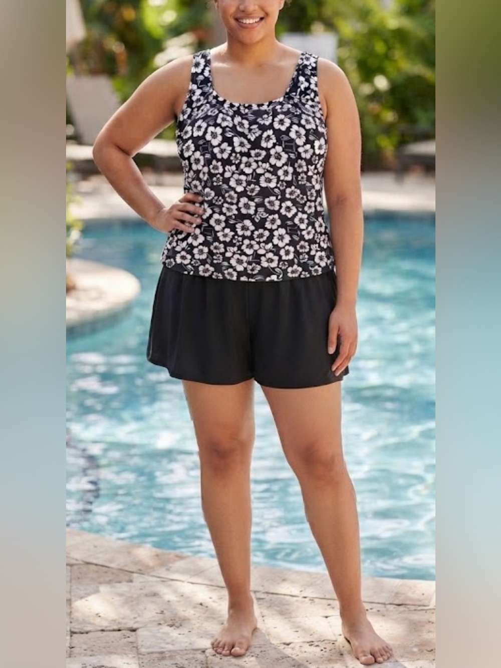 BLAIR Tankini top black swim shorts hibiscus print NEW size 12 (shorts sz 14)